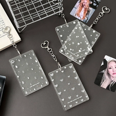 Transparent Glitter Acrylic Photocard Holder With Heart Metal Keychain Decorative Star Heart Bow Patterns Card Sleeve