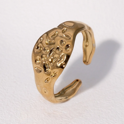 Anillo Abierto Martillado Acero Inoxidable Chapado En Oro De 18K Lava Textura Irregular Joyería Ajustable Mujer