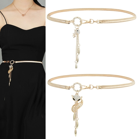 Elegante Cintura a Catena da Vita in Metallo per Donna Ciondolo Volpe Pesce Strass Cintura Sottile Nappa Regolabile Accessorio Decorativo Vestito
