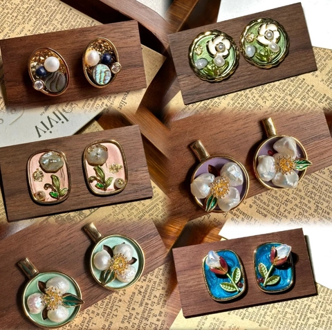 Vintage Enamel Artificial Pearl Stud Earrings With 925 Sterling Silver Earring Post French Oil Painting Floral Heart Jewelry Women