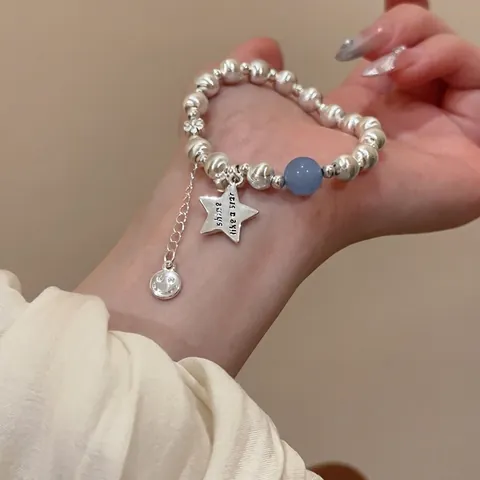 Beaded Bracelet Brushed Copper Silver Star Charm Blue Glass Bead Smiley Pendant Sweet Minimalist Jewelry Women