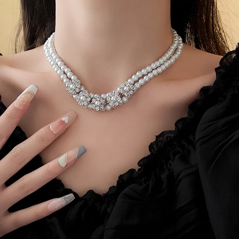 Double Layer Faux Artificial Pearl Necklace With Alloy Rhinestone Flower Pendant Elegant Clavicle Chain Jewelry For Women