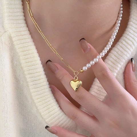 Collana Cuore Di Perla Artificial Asimmetrica In Argento Sterling 925 Placcato Oro 18K Catena Graffetta Per Donna Stile Francese Elegante