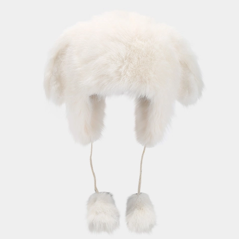 Chapka Oreilles de Lapin Mignon Femmes Hiver Fausse Fourrure Peluche Coupe-vent Chaud Bonnet à Oreillettes Avec Pompons Pour Ski