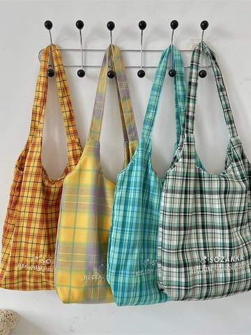 Plaid Vest Style Tote Bag Polyester Large Capacity Reusable Shoulder Bag With Magnetic Buckle For Women Commuting