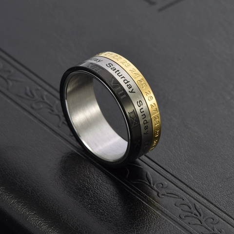 Rotatable Calendar Ring Titanium Steel Tricolor Roman Numeral Date Week Men Spinner Band Trendy Jewelry