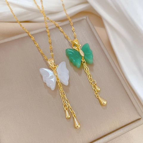 Vlinder Hanger Ketting Titanium Stalen Ketting Verguld Koper Kunstmatige Chalcedoon Kwastje Waterdruppel Sieraad Dames