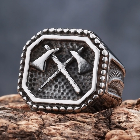 Vintage Viking Double Axe Stainless Steel Ring Retro Nordic Totem Feather Punk Gothic Jewelry For Men Women