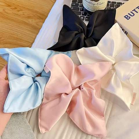 Large Satin Scrunchies Hair Ties Square Scarf Bow Elastic Satin Feel Solid Color Elegant Women Hair Accessories