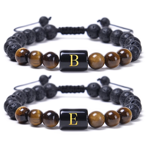 Natur Tigerauge Stein Lava Beaded Armband Initialen Buchstabe Handgefertigt Verstellbar Diffusor Schmuck Herren Damen