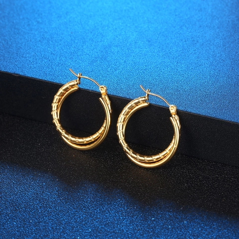 Stainless Steel Double Layer Hoop Earrings Textured And Smooth Gold Plated Geometric Elegant Jewelry For Women