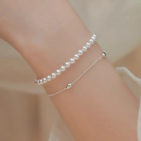 Bracciale Künstliche Perle A Strati Con Grani Argentati Catena Estensione Regolabile Stile Francese Minimalista Elegante Per Donna