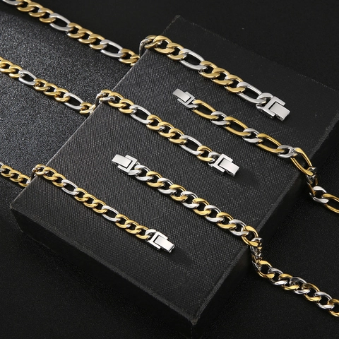 Herren Figaro Gliederkette Armband Edelstahl Zweifarbig Gold Silber Cuban Link Schmuck Mode Hip Hop