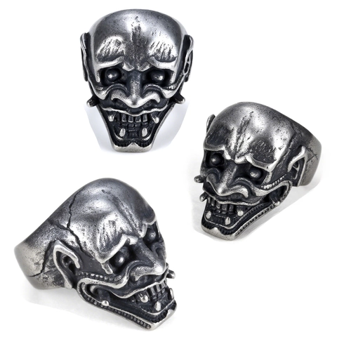 Hannya Mask Ring Vintage Stainless Steel Gothic Punk Demon Ghost Face Jewelry Halloween Accessory For Men Women
