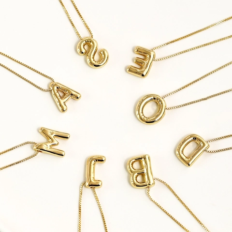 18K Gold Plated Copper Alphabet Pendant Necklace Puffy Balloon Initial Letter Fashion Jewelry For Women Minimalist Style