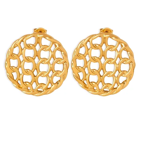 Vintage Hollow Round Woven Chain Link Earrings Titanium Steel Gold Silver Plated Oversized Trendy Jewelry For Women
