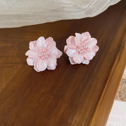 Pink Flower Stud Earrings With Alloy Acrylic Petals Faux Artificial Pearl And 925 Sterling Silver Earring Post Sweet Korean Style