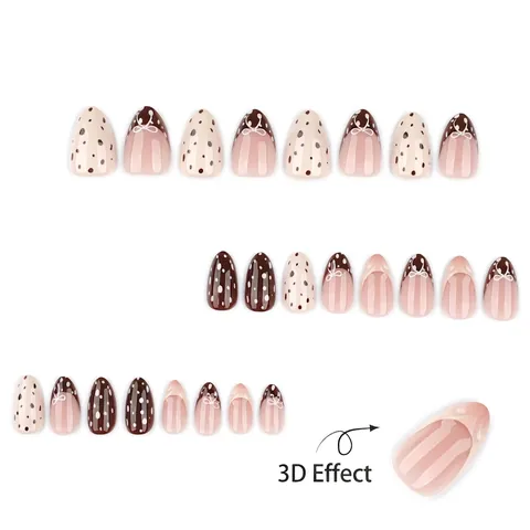 Faux Ongles Press On French Marron Mocha Forme Amande Nœud 3D Pois Motif Vache Rétro Élégant Doux Ongles Artificiels Femmes