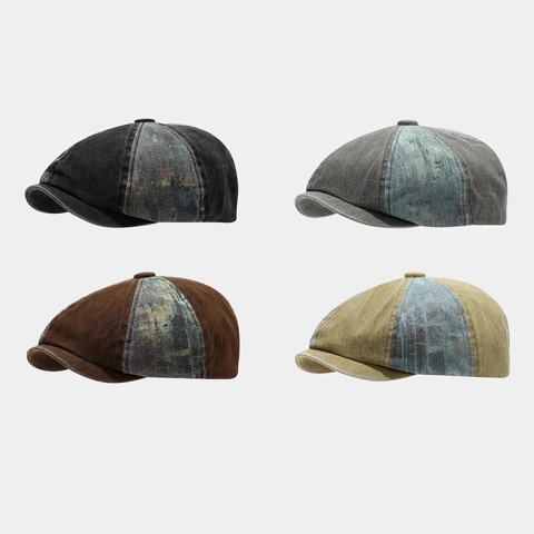 Retro Newsboy Pet Vintage Gewassen Denim Katoen Patchwork Baret Octagonaal Hoed Heren Dames Casual Mode Accessoire