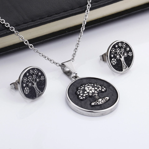 Stainless Steel Jewelry Set Tree Of Life Eye Of Horus Round Pendant Necklace Stud Earrings Vintage Jewelry For Women Men