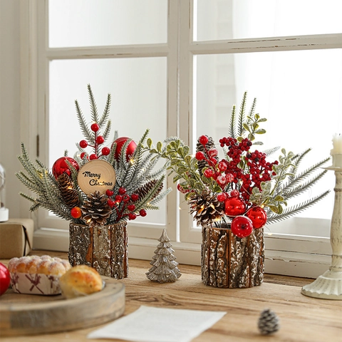 Centro De Mesa Navideño Árbol Artificial Con Base De Madera Bayas Rojas Piñas Luces LED Decoración Festiva Para Hogar