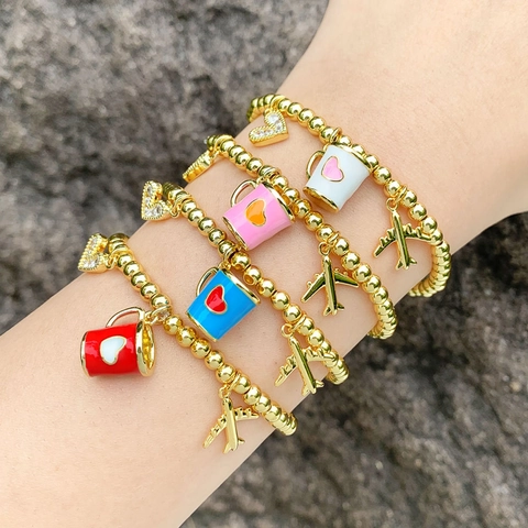 Bracelet Élastique À Perles Dorées Cuivre Plaqué Or Breloques Cœur Avion Tasse Émaillée Bijoux Pour Femmes