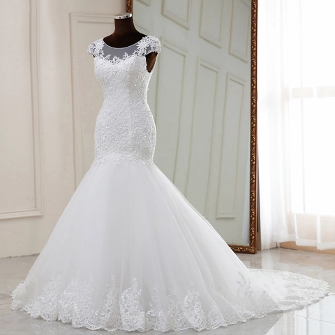 Elegante Abito Da Sposa Sirena Pizzo Mesh Paillettes Schiena Scoperta Corsetto Strascico Abito Bianco Da Donna
