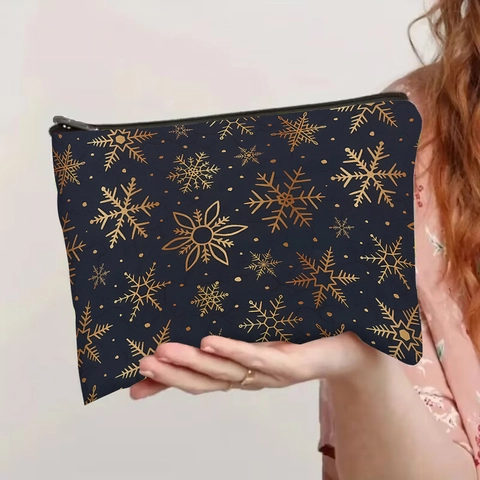Trousse Per Trucco Con Stampa Fiocchi Di Neve Dorati Pochette Per Cosmetici In Lino Con Cerniera Per Viaggi