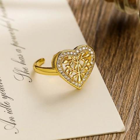 Tree Of Life Open Ring Copper Zircon Inlaid Adjustable Geometric Heart Round Gold Plated Fashion Jewelry Women
