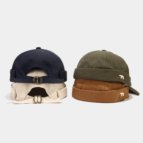 Docker Hat Brimless Miki Cap Cotton Canvas Embroidered Bear Retro Adjustable Casual Streetwear Fashion Unisex Adults