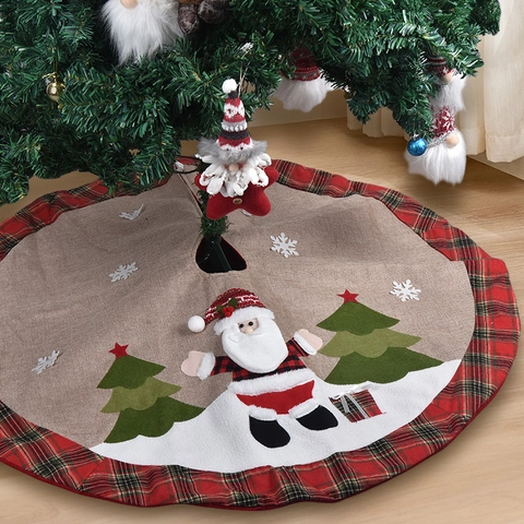 Christmas Tree Skirt Burlap Plaid Border Santa Snowman Applique Holiday Decoration Indoor Home Ornament