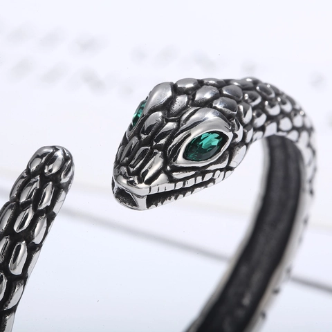 Bracelet Jonc Serpent Vintage Acier Inoxydable 316L À Charnière Avec Yeux En Zircone Cubique Vert Style Punk Pour Femmes