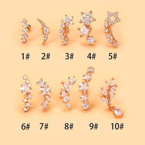 Cartilage Stud Earrings Stainless Steel Copper Cubic Zirconia Star Moon Leaf Geometric Piercing Jewelry For Women Men