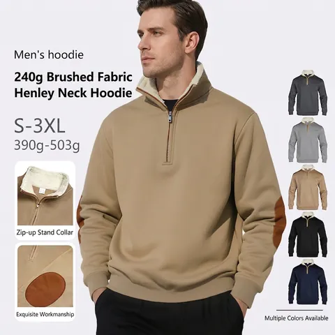 Heren Sweatshirt Met Halve Rits Opstaande Kraag Sherpa Gevoerde Fleece Pullover Elleboog Patches Casual Mode Lange Mouwen
