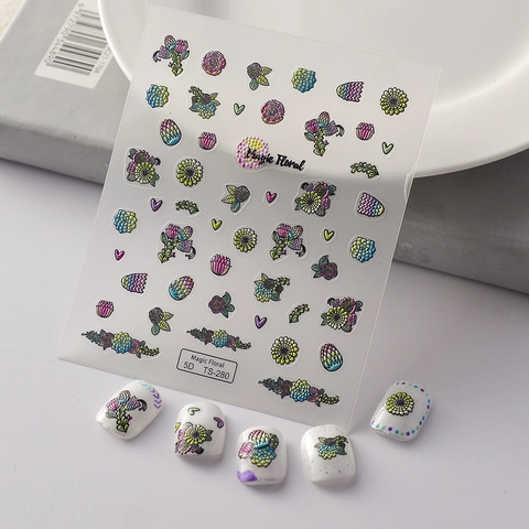 Adesivi Per Unghie 5D Rilievo Motivi Fiori Piante Cuore Sfumatura Colorata Decalcomanie Manicure Autoadesive Texture Rilievo