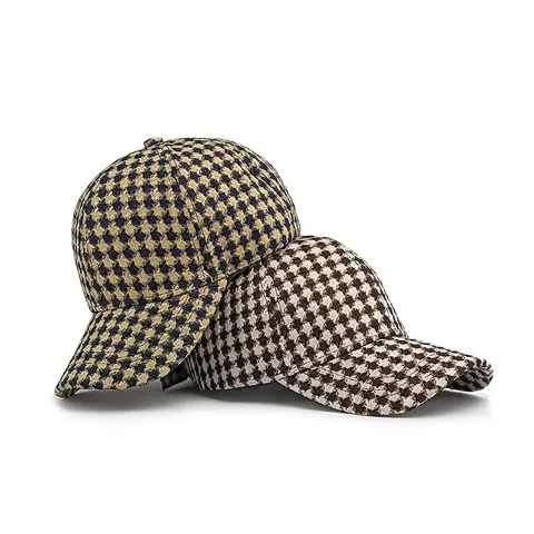 Houndstooth Plaid Baseball Cap Polyester Hard Top Adjustable Vintage Autumn Winter Hat Unisex Sunshade