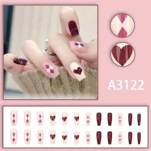 Uñas Postizas Press On Forma Ataúd Larga Patrón Rombos Corazón Rojo Vino Brillante ABS Artificiales Para Mujeres