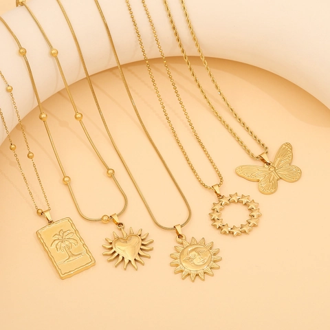 Collana Con Pendente In Acciaio Inossidabile Per Donna Placcato Oro Sole Cuore Farfalla Fiore Palma Ciondolo Gioielli Moda Chic