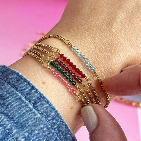 12 Month Birthstone Beaded Bracelet Women Stainless Steel Chain Adjustable Colorful Artificial Crystal Jewelry Retro Elegant