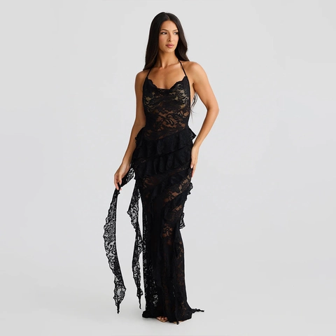 Lace Maxi Dress Halter Neck V-Neck Backless Ruffle Trim Slim Fit Sexy Evening Party Long Gown For Women