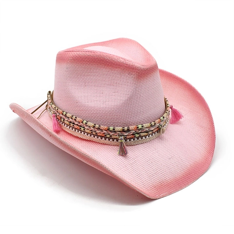 Sombrero De Vaquero De Paja Para Mujeres Hombres Paja De Papel Ala Ancha Verano Playa Protección Solar Bohemio Degradado Borlas Conchas