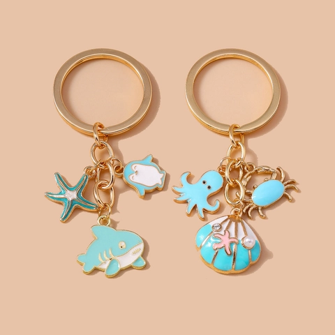 Llavero de Animal Marino de Dibujos Animados Lindo Esmalte Oro Ballena Tiburón Estrella de Mar Concha Pulpo Perla Artificial Strass