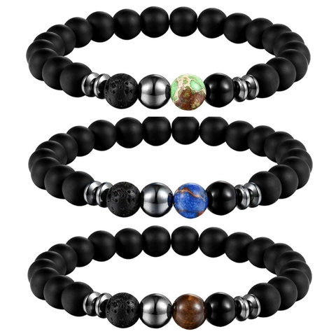 Matte Black Beaded Bracelet Natural Lava Stone Tiger Eye Turquoise Elastic Yoga Jewelry Unisex