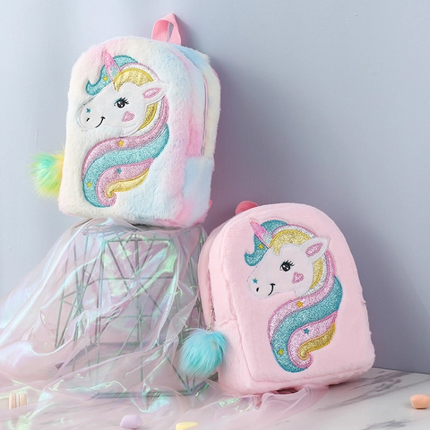 Cute Plush Unicorn Kids Backpack Sequin Embroidery Rainbow Gradient Large Capacity Schoolbag For Kindergarten Girls Furry Bag