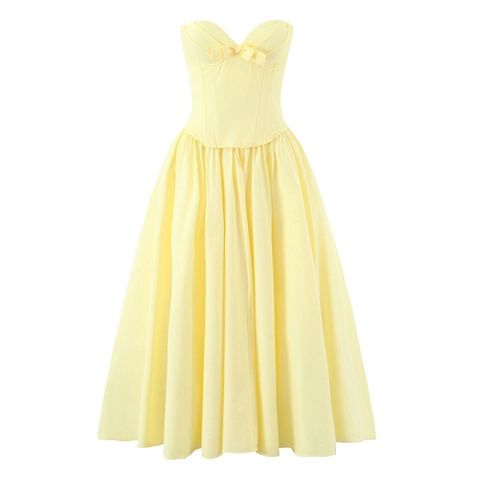 Vestito Midi Corsetto Senza Spalline Scollo Cuore Stecche Fiocco Allacciatura Vita Alta Pieghe Poliestere Donna Festa