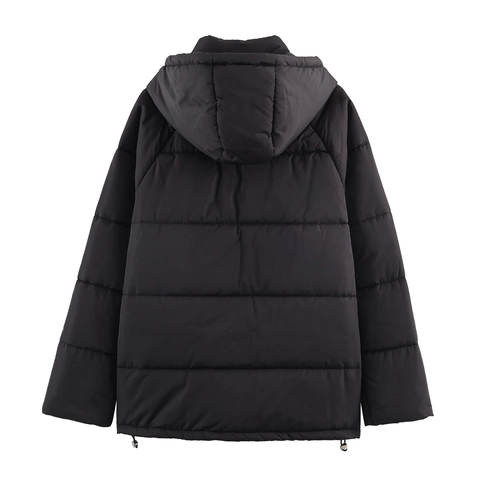 Women Puffer Jacket Hooded Mid-Length Loose Fit Quilted Winter Coat Polyester Solid Color Drawstring Hem Warm Outerwear