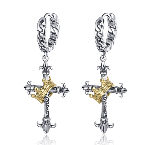 Pendientes de Aro de Cobre con Cruz y Corona Retro para Mujer Pendientes Colgantes en Plata y Oro Joyería de Moda