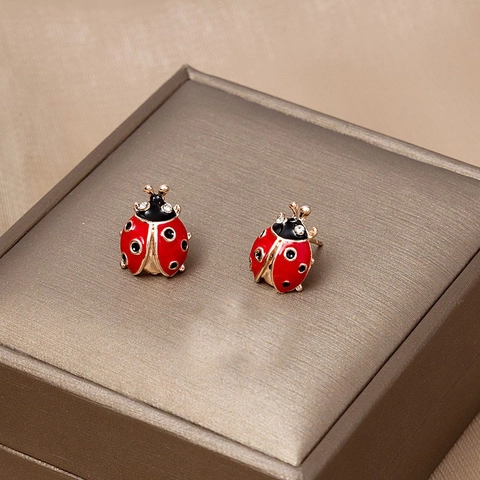 Ladybug Stud Earrings Alloy Enamel Drip Animal Shape Rhinestone Accent Retro Fashion Jewelry For Women