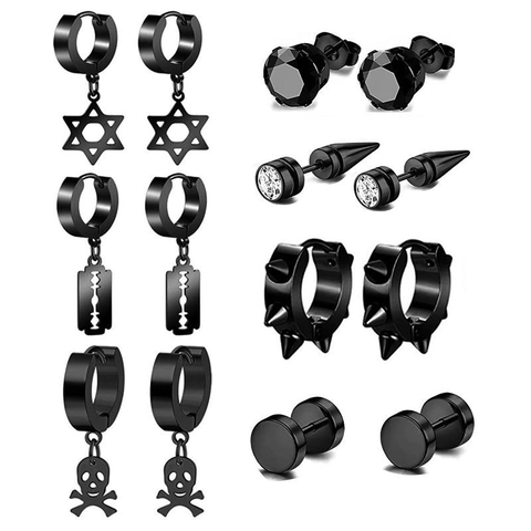 Punk Goth Earrings Hoops Studs Stainless Steel Zirconia Skull Hexagram Razor Blade Spikes Grunge Unisex Jewelry