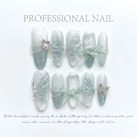 Handmade Press On Nails Blue Gradient Cat Eye Butterfly Wings Tulle Bow Rhinestone Artificial Pearl Chain Ethereal Luxury Elegant